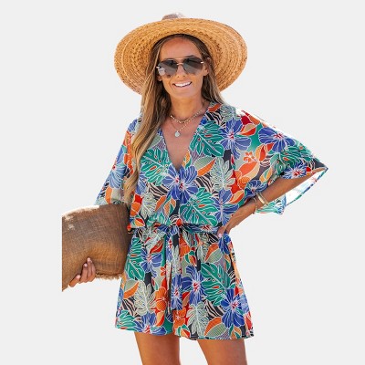 Women's Tropical Floral Print Beach Romper with Flutter Sleeves - Cupshe