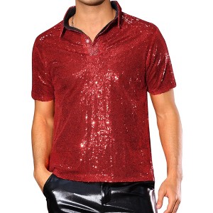 INSPIRE CHIC Men's Short Sleeves Club Party Shiny Sequin Polo Shirts - 1 of 4