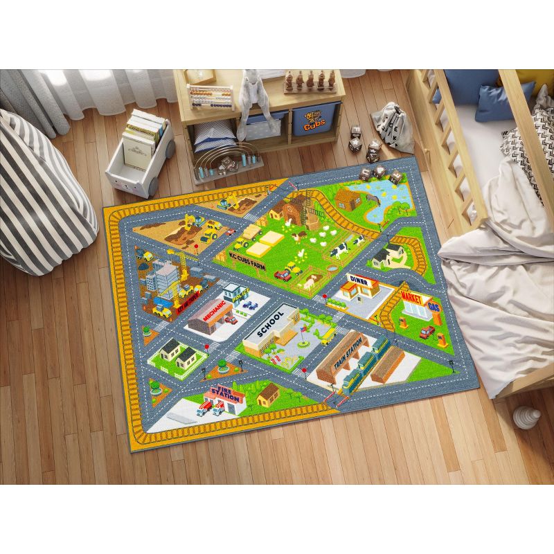 KC CUBS Boy & Girl Kids Country Farm Road W/ Construction Vehicle Car Traffic Educational Learning & Game Nursery Classroom Rug Carpet, 2 of 11