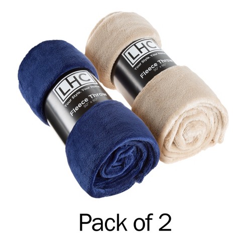 Fleece Throw Blanket-set Of 2-navy Blue & Sand Plush 60x50