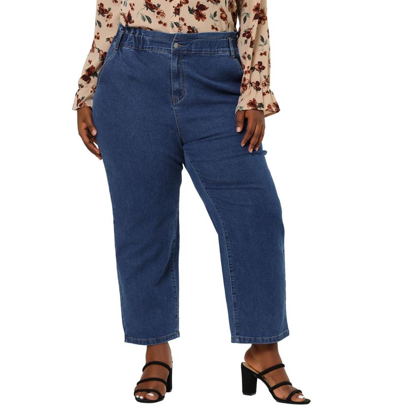 Agnes Orinda Women's Plus Size Pockets Zip Up Button Fly Elastic Waist Denim Jeans, 4 of 7