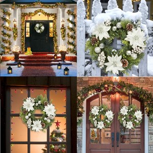 Christmas Wreath, 16'' Artificial Christmas Wreath with Red Poinsettia Flowers and Lifelike Leaves, Christmas Pine Wreath with Balls and Berries - 1 of 4