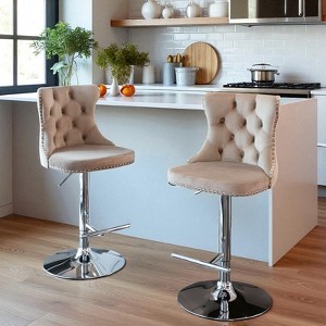 Mshliw Set of 2 Adjustable Swivel Velvet Barstools with Tufted Backrest, Modern Upholstered Counter Chairs with Chrome Base for Kitchen and Home Bar - 1 of 4