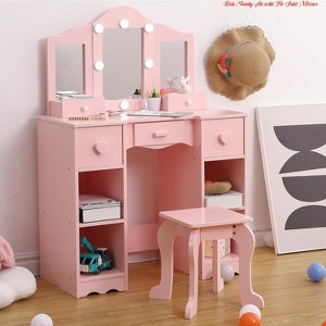 Kids Vanity Set w/ Tri-Fold Mirror, 2-in-1 Wooden Makeup Desk & Stool, Princess Pretend Play Dressing Table w/ Drawer - 1 of 4