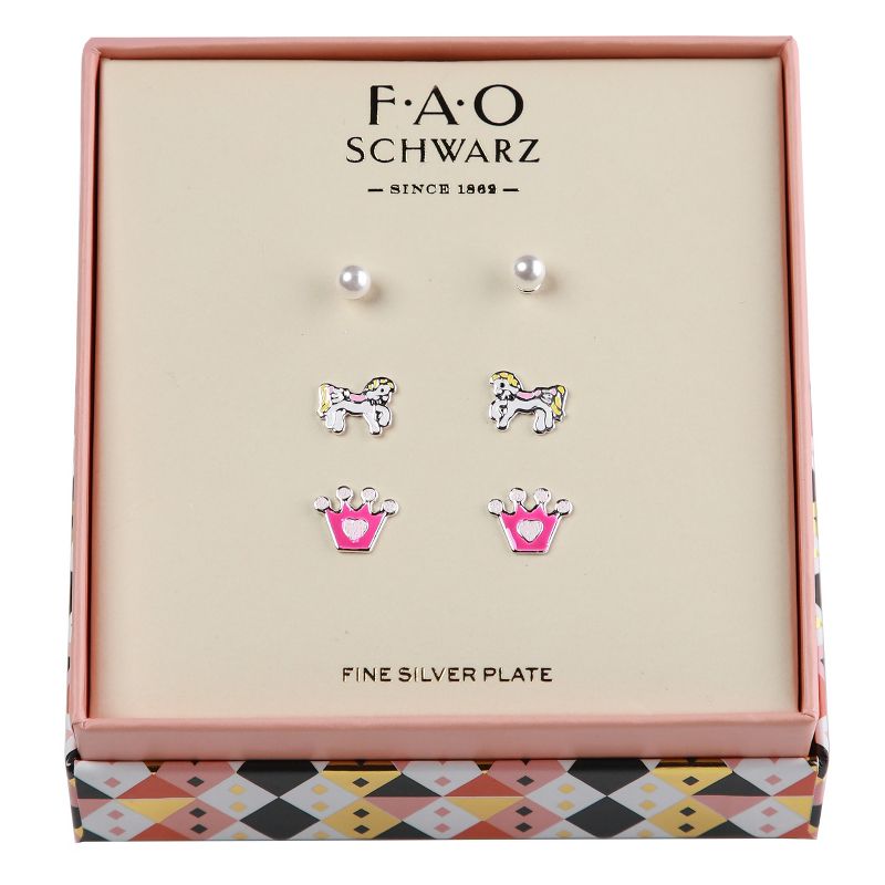 FAO Schwarz Enamel Unicorn, Crown and Pearl Trio Earring Set, 2 of 4