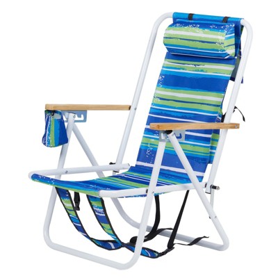 FURNIinspire Outdoor Portable Chair 4 Position Reclining with Cup Holder for Outdoor Relaxation, Blue Green Stripes, 23"*21.7"*31.5"