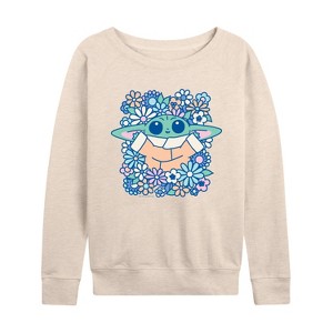 Women's - Star Wars - Grogu Flowers Lightweight French Terry Wide Neck Long Sleeve Graphic Shirt - 1 of 4