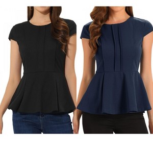 INSPIRE CHIC Women's Elegant Round Neck Cap Sleeve Solid Color Peplum Blouses 2 Packs - 1 of 4