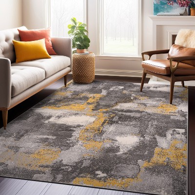 Brighton Yellow and Gray Abstract 5' x 7' Stain-Resistant Synthetic Area Rug