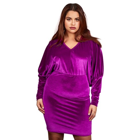 Rebdolls Women's Elia Velvet Dolman Sleeve Mini Bodycon Dress - Purple -  Small