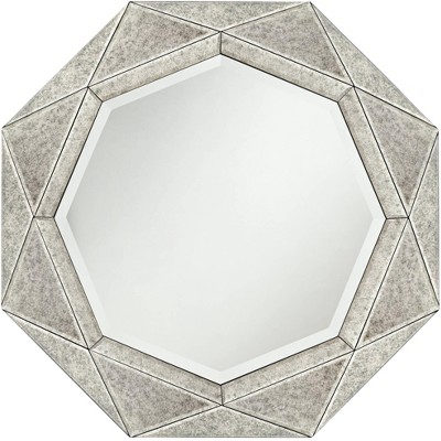 Possini Euro Design Round Vanity Decorative Wall Mirror Rustic Antiqued Gray Star Frame Beveled 31 1/2" Wide for Bathroom Bedroom