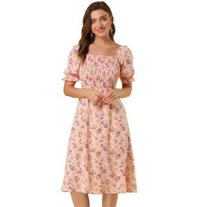 Allegra K Women's Cottagecore Floral Square Neck Puff Sleeves Summer Midi Smocked Dress - 1 of 4
