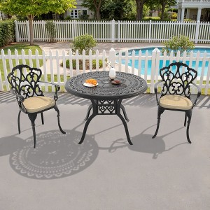 3-Piece Cast Aluminum Outdoor Dining Set with Beige Cushions, Round Table & Ergonomic Chairs - for Patio, Backyard - 1 of 4