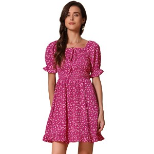 Allegra K Women's Square Neck Puff Sleeve Smocked Floral Ruffled Hem Dress - 1 of 4