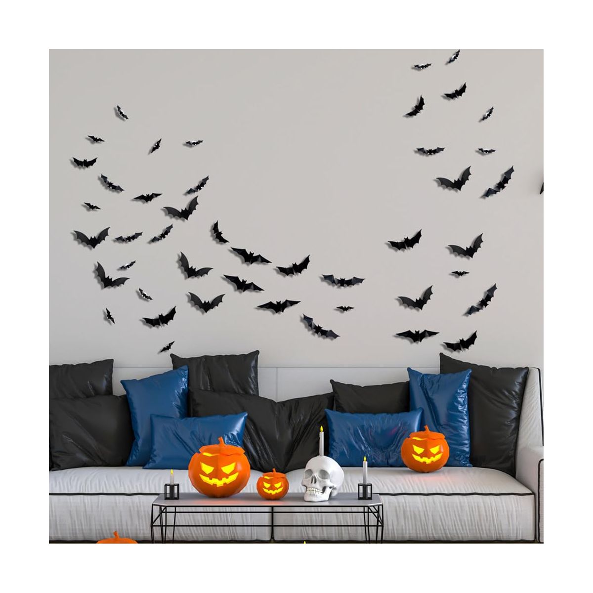 96 pack Halloween 3D Bats Wall Decor, Luminous Scary Bat Window Cling | Lighted, Assorted Size, Halloween Party Supplies for Bedroom, Home, Indoor