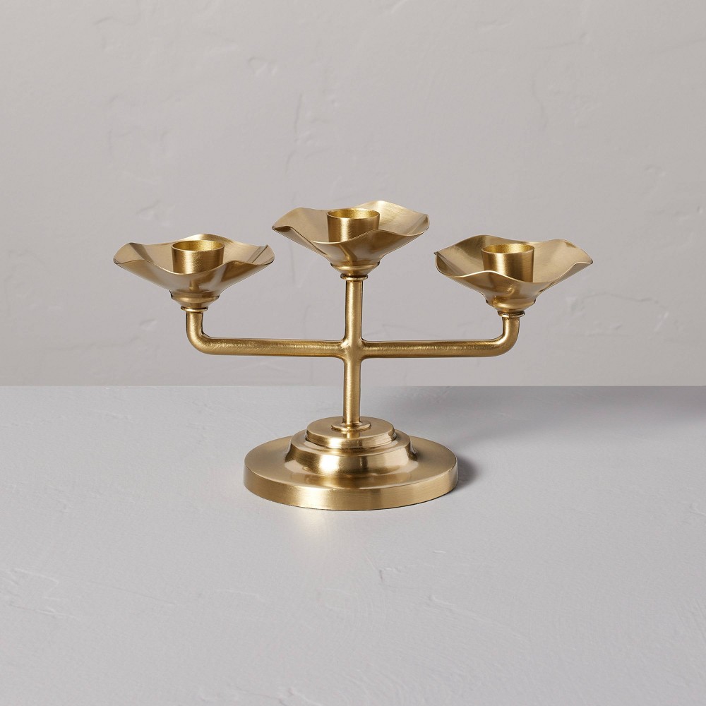 Photos - Figurine / Candlestick 4" Scalloped Brass 3ct Taper Candelabra Antique Finish - Hearth & Hand™ wi