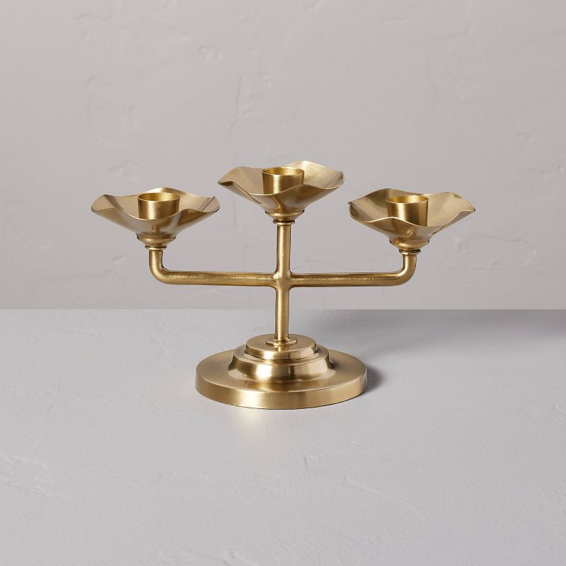 4&#34; Scalloped Brass 3ct Taper Candelabra Antique Finish - Hearth &#38; Hand&#8482; with Magnolia, 1 of 7