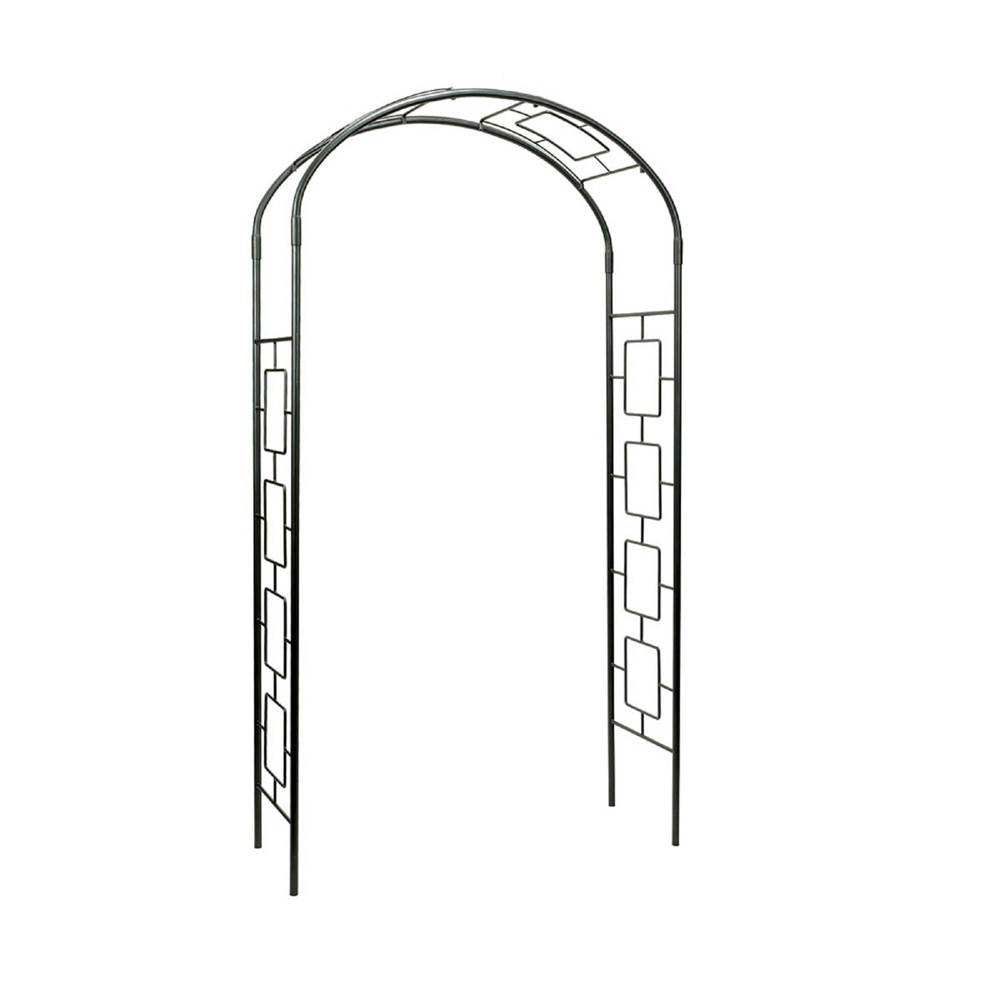 Achla Designs 100" Elegant Handcrafted Modern Iron Garden Arbor Graphite Powder Coated Finish Create an elegant garden entrance with a handcrafted wrought-iron arbor by Achla Designs. We make a wide variety of sizes and decorative styles to fit every garden. The Monet Arbor has a simple arched design with a grid-like lattice along the sides. This beautiful design works great in any vegetable or flower garden, yard entryway or garden path. The arbor is 8' 4  tall, 4' 7  wide, with a depth of 21 , providing plenty of room for passage beneath. It can be placed over a walkway or over a bench seat, with the sides of the arbor used to trellis climbing plants. All of our garden arbors are designed to ship flat, with easy set-up using slip-in components, so no tools are necessary. Four spiked feet are included for installation. Wonderful for garden parties, weddings and events, when placing the arbor on the patio, deck, or on another hard surface, optional display feet can be used (sold separately). Color: One Color.