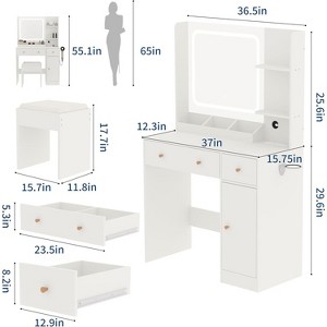 LED Vanity Desk with Mirror, Storage & Chair - 3 Lighting Modes, Adjustable Brightness - Makeup Dressing Table for Women Girls - 1 of 4