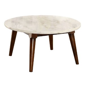 36" Gasha Coffee Table-White Marble Top & Walnut - Acme Furniture: Mid-Century Modern, Round, Wood Legs, No Tools Assembly - 1 of 4