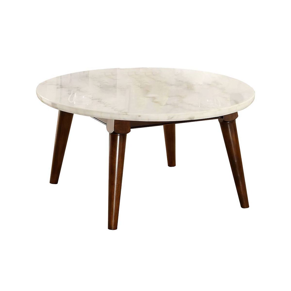 36" Gasha Coffee Table-White Marble Top & Walnut - Acme Furniture: Mid-Century Modern, Round, Wood Legs, No Tools Assembly