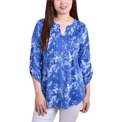 NY Collection Womens Printed Pintuck Henley Shirt