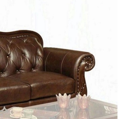 Brown Tufted Faux Leather Sofa with Rolled Arms and Nailhead Trim