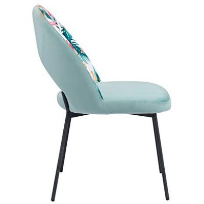 Green Velvet and Floral Print Side Chair with Metal Legs