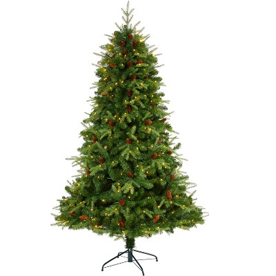 Nearly Natural 7-ft Wellington Spruce Natural Look Artificial Christmas Tree with 400 Clear LED Lights and Pine Cones