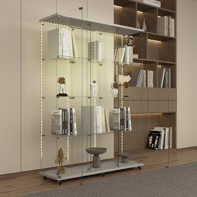 65.28"H Tempered Glass Display Cabinet with Bluetooth LED Light, Lockable Door & Casters for Living Room, Bedroom, Hallway