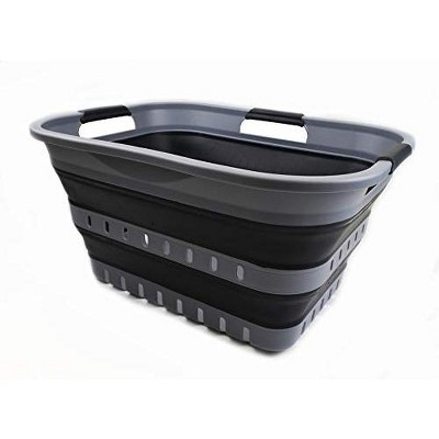 Gray and Slate Gray Collapsible Plastic Laundry Basket with Handles