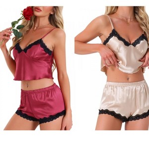 INSPIRE CHIC Women's 4 Pcs Loungewear Satin Lace Sleeveless Spaghetti-Strap Removable Pad Cami & Shorts Pajama Set - 1 of 4
