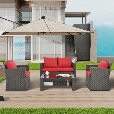 4 Pieces Outdoor Patio Furniture Set, All-Weather Rattan Sectional Sofas Wicker Patio Conversation Set With Water Resistant Cushions And Coffee Table