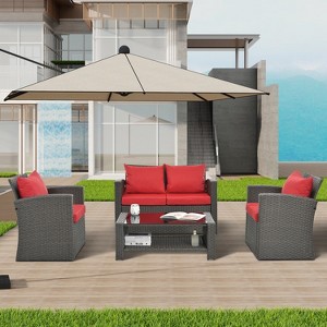 4 Pieces Outdoor Patio Furniture Set, All-Weather Rattan Sectional Sofas Wicker Patio Conversation Set With Water Resistant Cushions And Coffee Table - 1 of 4