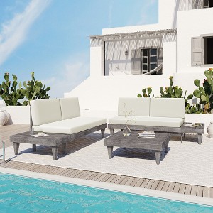 Carrie 3-Piece Solid Wood Patio Conversation Set, Outdoor Sectional Sofa with Coffee Table, Side Table and Cushions - Maison Boucle - 1 of 4