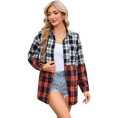 WhizMax Womens Plaid Shirts Button Down Color Block Long Sleeve Patchwork Lightweight Shirts Blouse Top Shacket Jacke