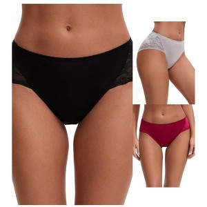 INSPIRE CHIC Women's Mid-Waisted Lace Briefs HI-Cut Period Leak Proof Ladies Underpants 3 Packs - 1 of 4