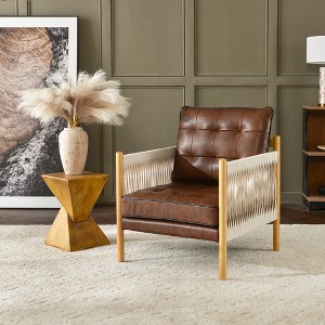 KINWELL Genuine Leather Accent Chair With Fabric Tape Wrapped Arms for Living Room Lounge - 1 of 4