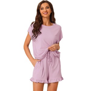 cheibear Women's Summer Soft Short Sleeves Tops with Ruffle Shorts Lounge Pajamas Sets - 1 of 4