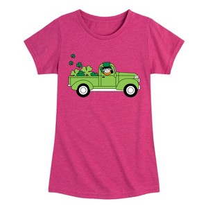 Girls' - Instant Message - St. Patrick's Day Leprechaun Truck Delivering Luck Fitted Short Sleeve Graphic T-Shirt - 1 of 4