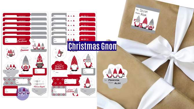 Big Dot of Happiness Christmas Gnomes - Assorted Holiday Party Gift Tag Labels - To and From Stickers - 12 Sheets - 120 Stickers, 2 of 10, play video