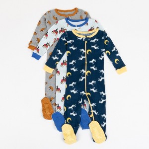 Leveret Boys Cotton Baby Footed Pajamas – 3 Pack – Adventure Animals Sleepers - 1 of 4