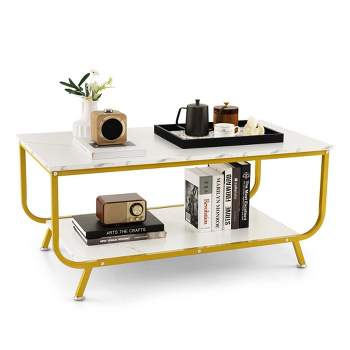 Costway Coffee Table 2-Tier Modern Marble Coffee Table with Storage Shelf for Living Room