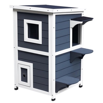Outdoor Cat House with Escape Door, Weatherproof 2-Story Wooden Feral Cat Shelter with Opening Asphalt Roof