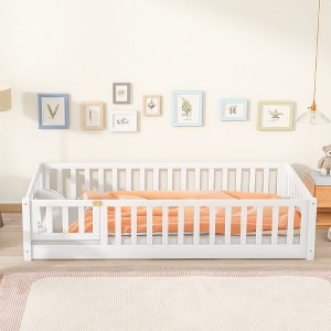 TIRAMISUBEST Twin/Full/Queen Size Floor Bed with Fence and Door, Rubber Wood Floor Platform Bed Montessori Bed Toddler Bed with Safety Guardrails - 1 of 4