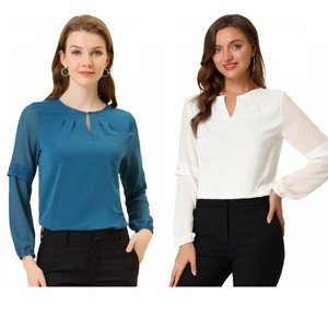 Allegra K Women's Chiffon Semi Sheer Keyhole Neck Elegant Work Blouse 2 Packs - 1 of 4