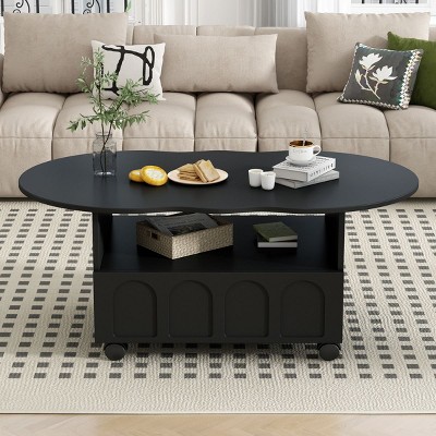 Coffee Table With 2 Brake Wheels, Side Table With Drawer, Irregular Center Table With Large Storage-Cuddlewood