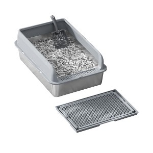 Large Stainless Steel Litter Box with Lid, Litter Box with Sifter Scoop and Double Layer Litter Mat, 6" Deep Metal Cat Litter Box - 1 of 4