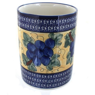 Blue Rose Polish Pottery Grapes Utensil Jar with Cobalt Trim