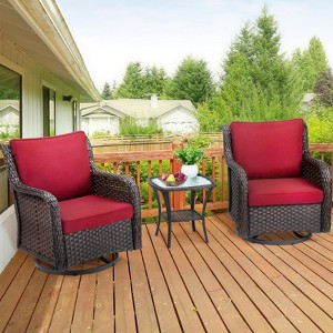 3-Piece Outdoor Wicker Patio Set, 360° Swivel Rocker Chairs with Cushions & Tempered Glass Side Table, Elegant Bistro Set for Backyard & Patio - 1 of 4